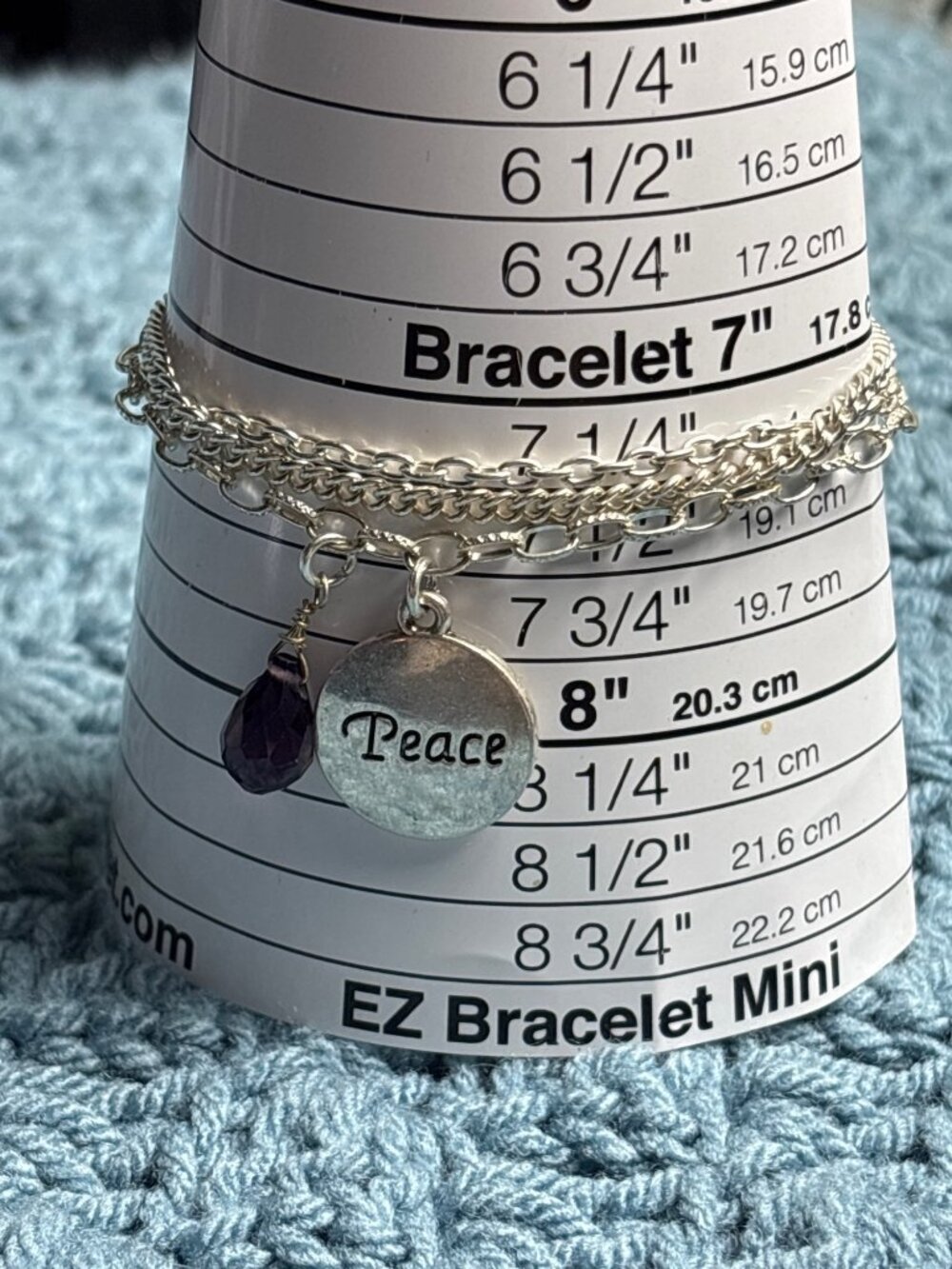 Peace Charm Bracelet Silvertone 2 Strand Chain Purple Faceted Glass Bead 7.25 in